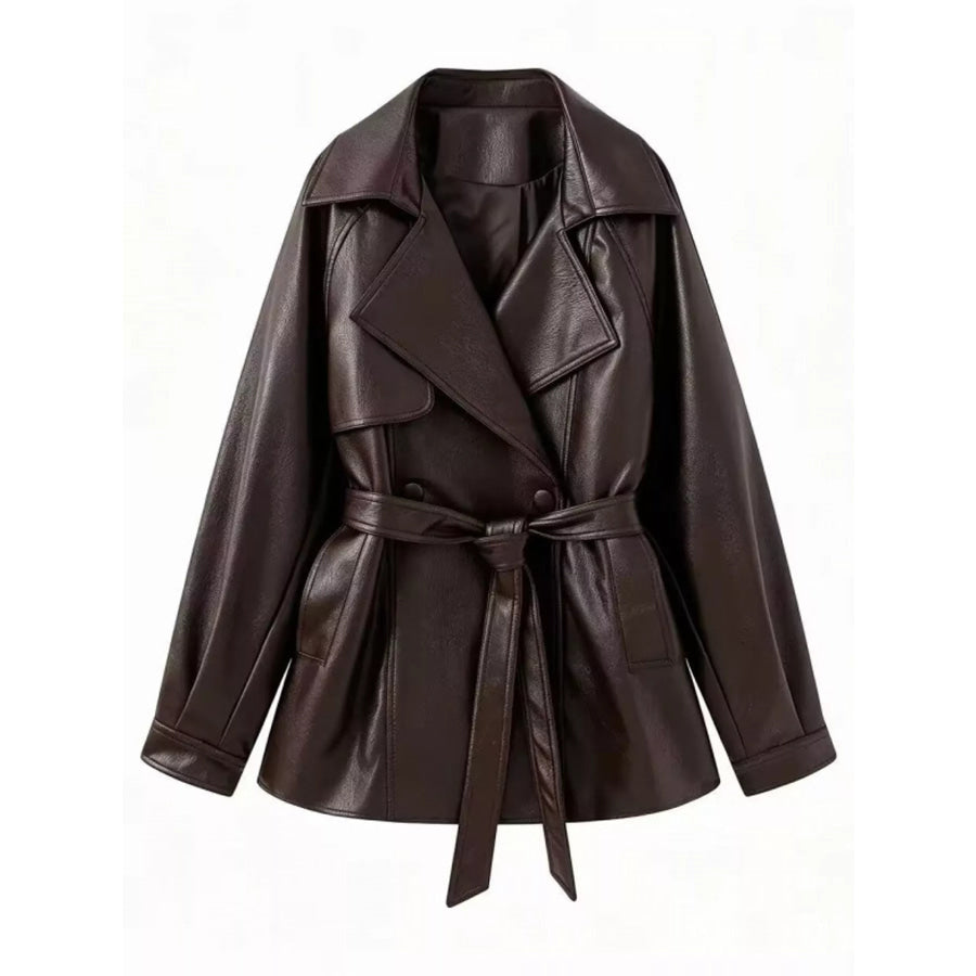 Double-Breasted Faux Leather Belted Jacket Dark Brown / XS Apparel and Accessories
