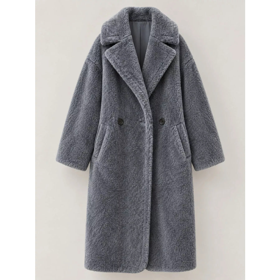 Double-Breasted Fuzzy Longline Outerwear Apparel and Accessories