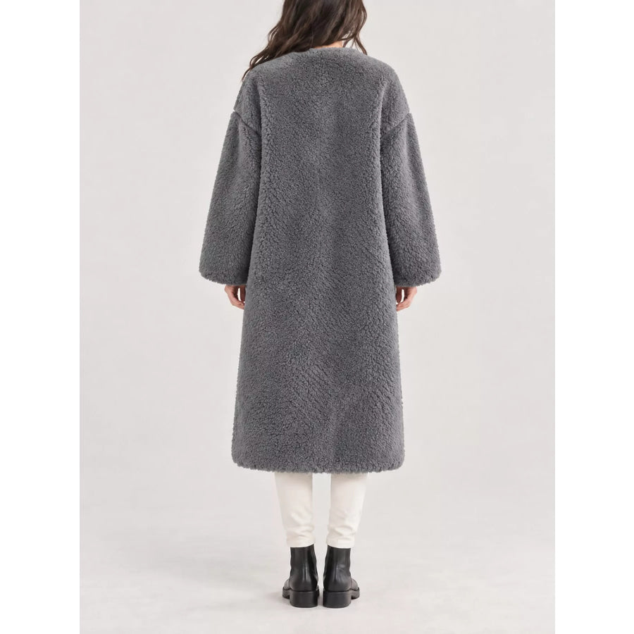 Double-Breasted Fuzzy Longline Outerwear Apparel and Accessories