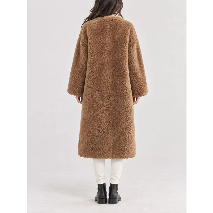 Double-Breasted Fuzzy Longline Outerwear Apparel and Accessories