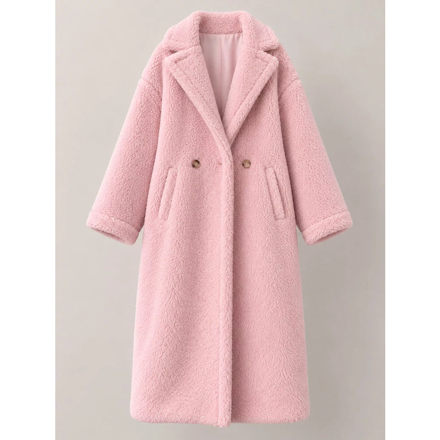 Double-Breasted Fuzzy Longline Outerwear Apparel and Accessories