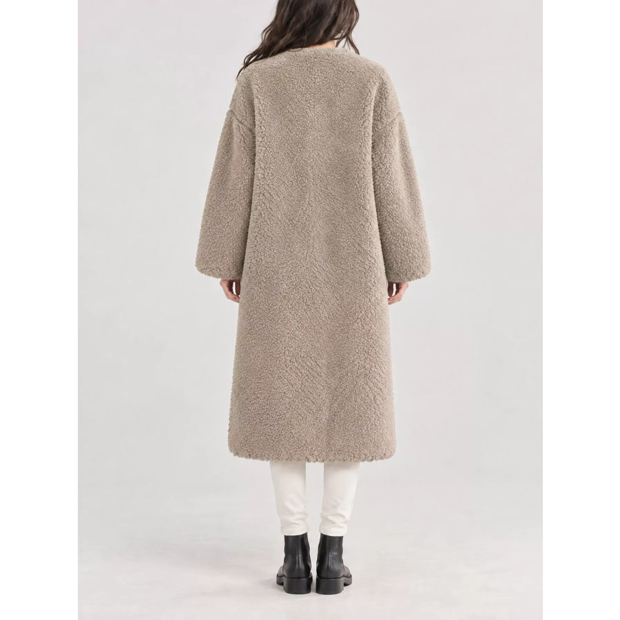 Double-Breasted Fuzzy Longline Outerwear Apparel and Accessories