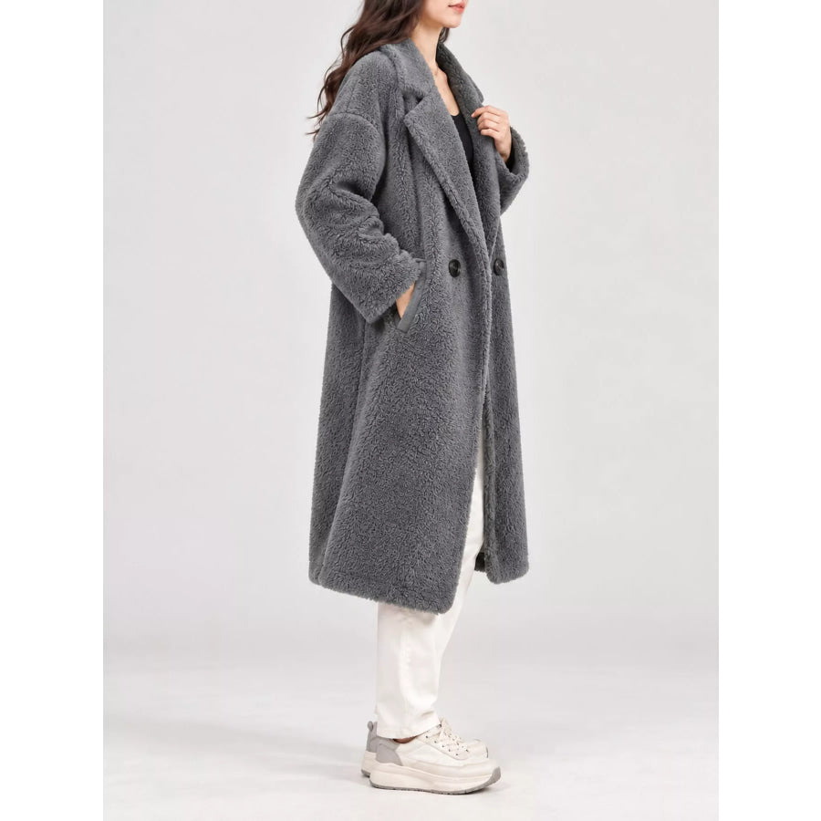 Double-Breasted Fuzzy Longline Outerwear Apparel and Accessories