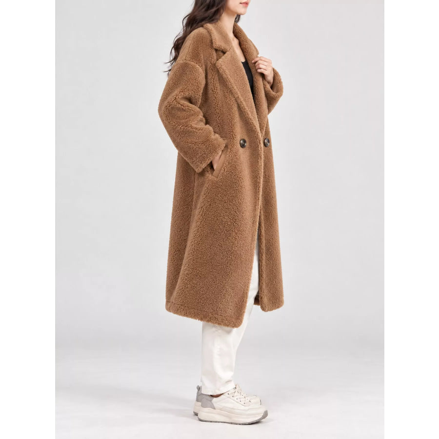 Double-Breasted Fuzzy Longline Outerwear Apparel and Accessories