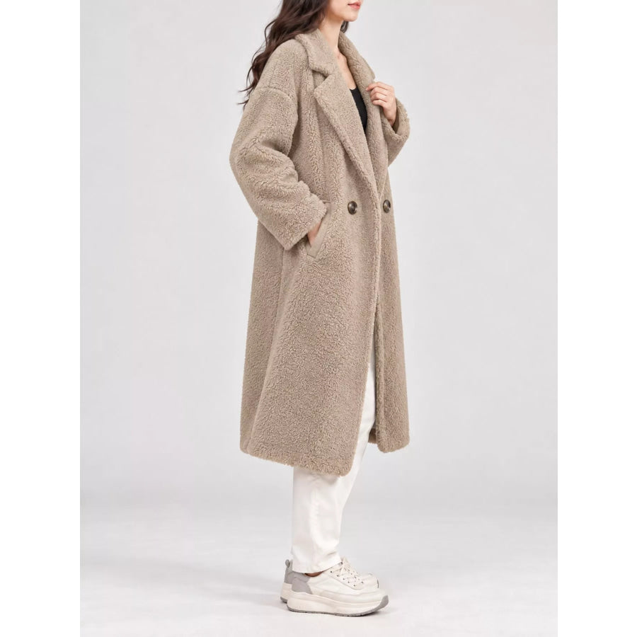 Double-Breasted Fuzzy Longline Outerwear Apparel and Accessories