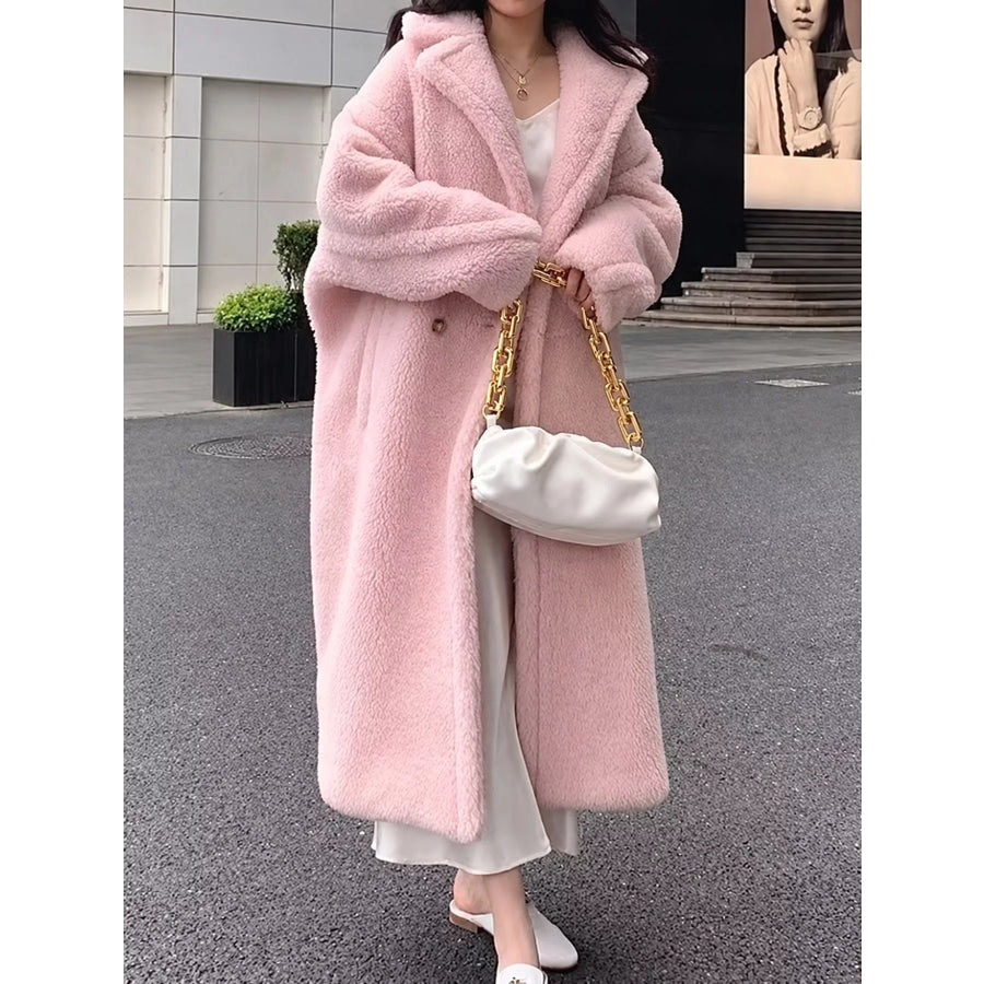 Double-Breasted Fuzzy Longline Outerwear Light Pink / XS Apparel and Accessories