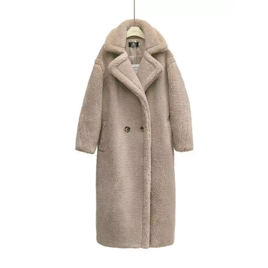 Double-Breasted Fuzzy Longline Outerwear Light Tea Brown / XS Apparel and Accessories
