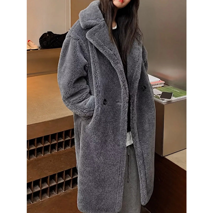 Double-Breasted Fuzzy Longline Outerwear Starry Gray / XS Apparel and Accessories