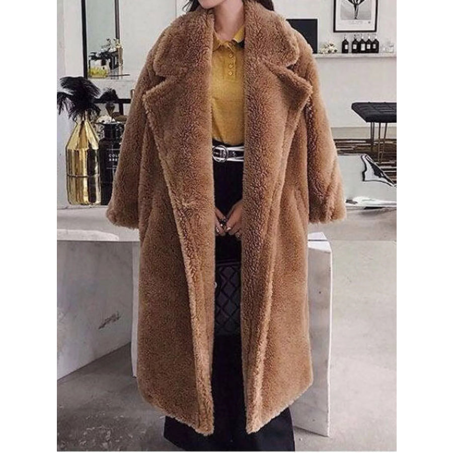 Double-Breasted Fuzzy Longline Outerwear Teddy Brown / XS Apparel and Accessories
