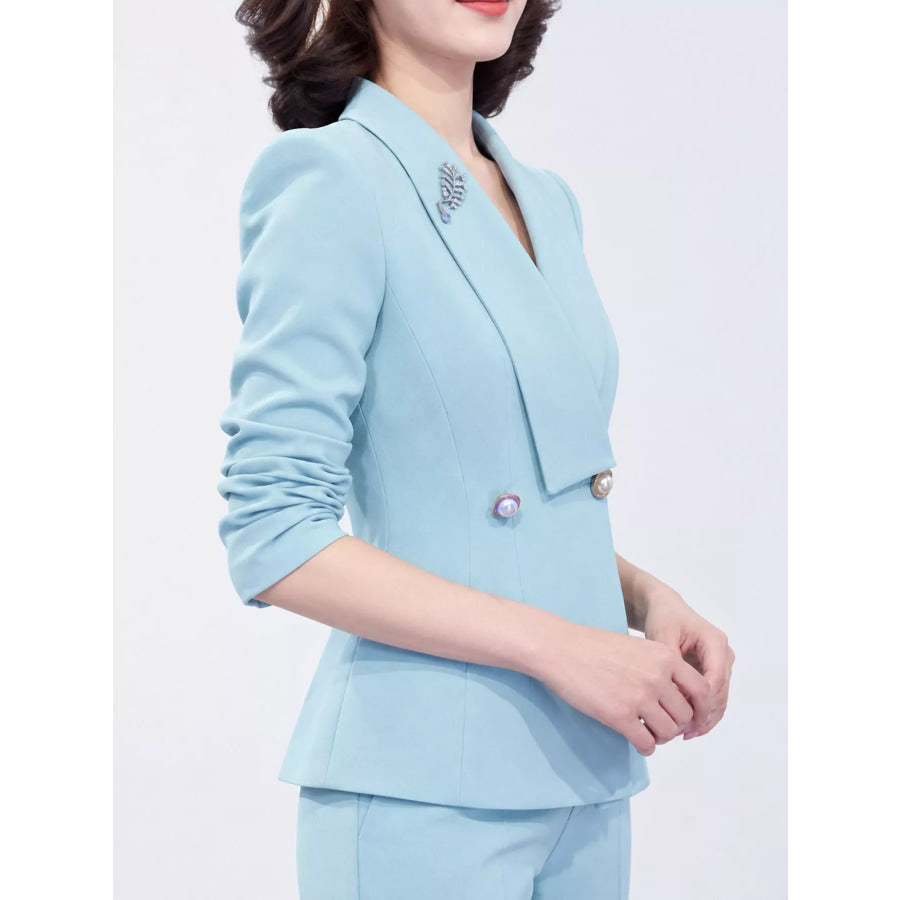 Double-Breasted Lapel Blazer and Pants Set Light Blue / XS Apparel Accessories