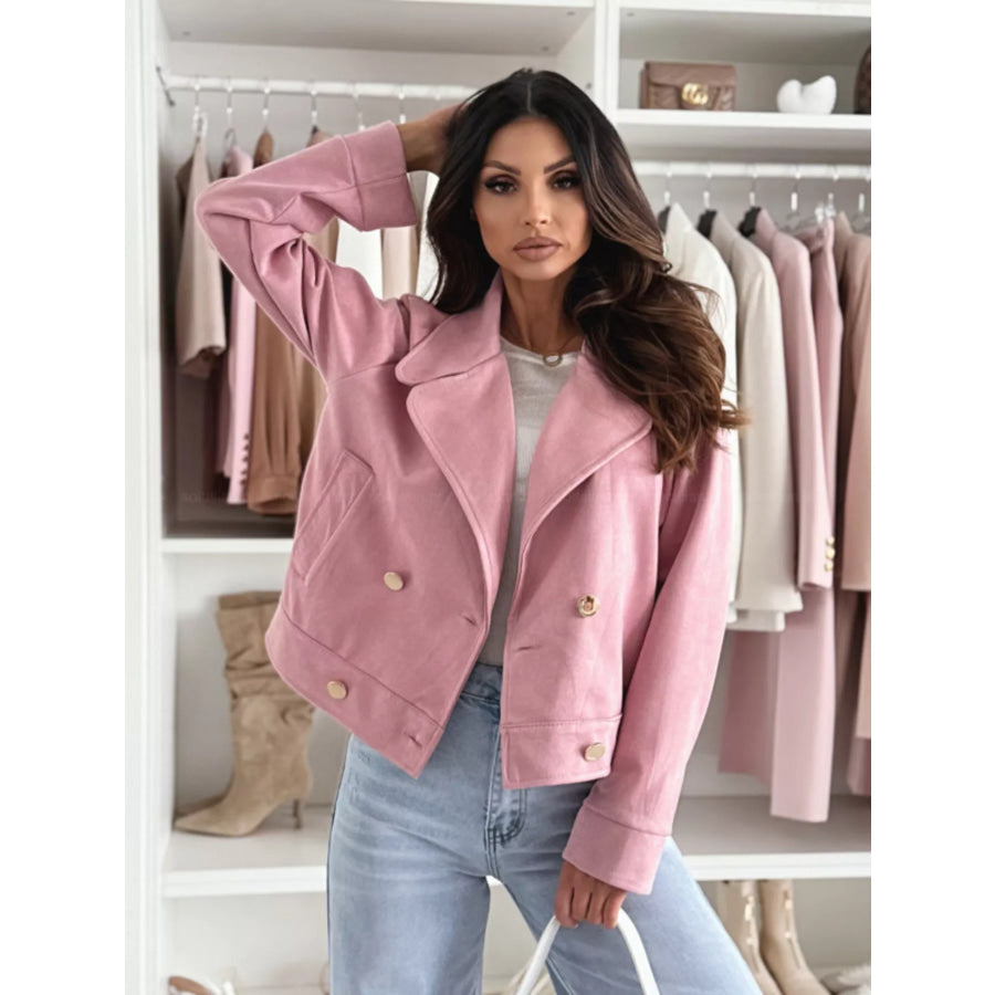 Double-Breasted Lapel Collar Jacket Pink / S Apparel and Accessories