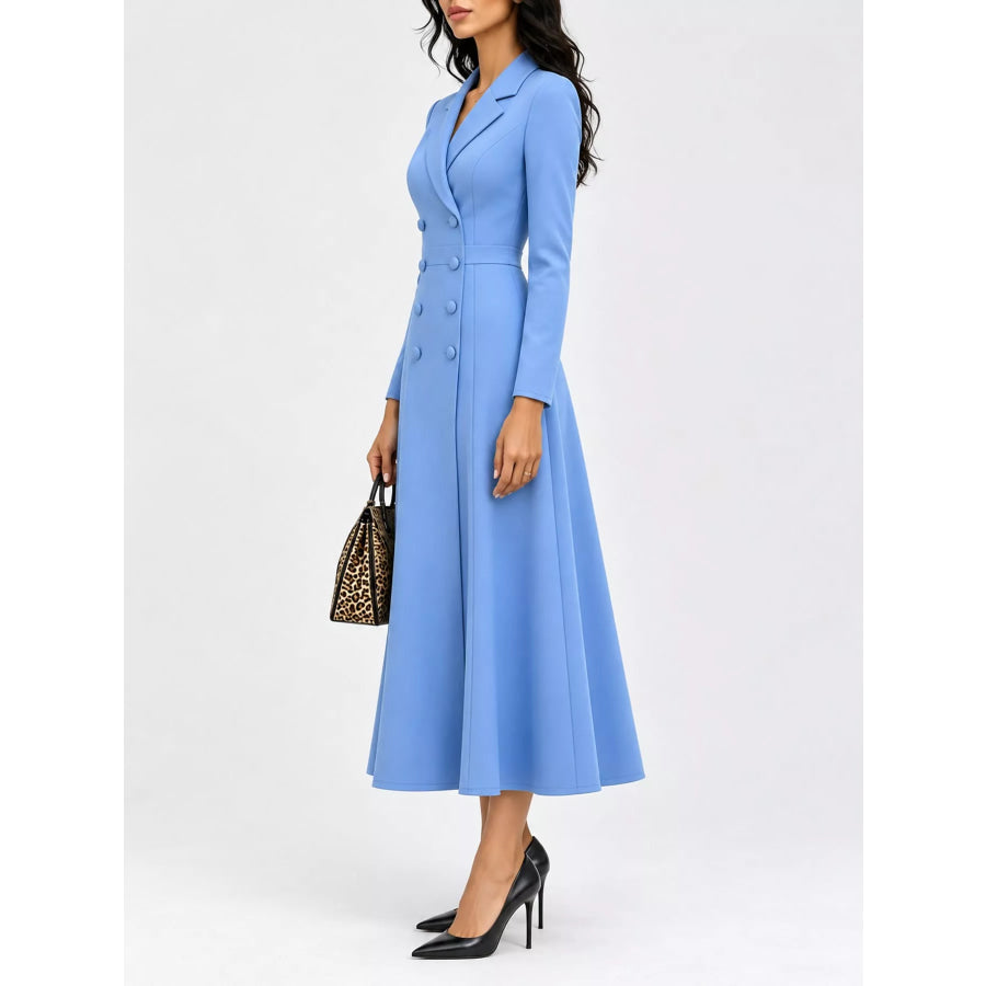 Double-Breasted Lapel Collar Midi Dress Apparel and Accessories
