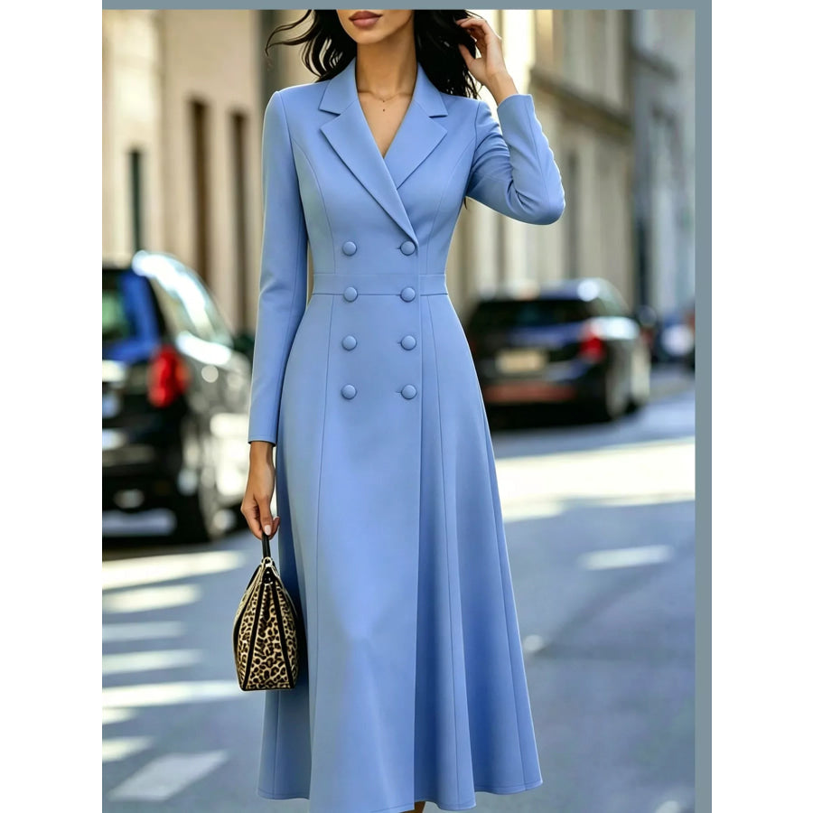 Double-Breasted Lapel Collar Midi Dress Apparel and Accessories