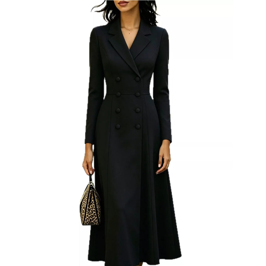 Double-Breasted Lapel Collar Midi Dress Black / S Apparel and Accessories