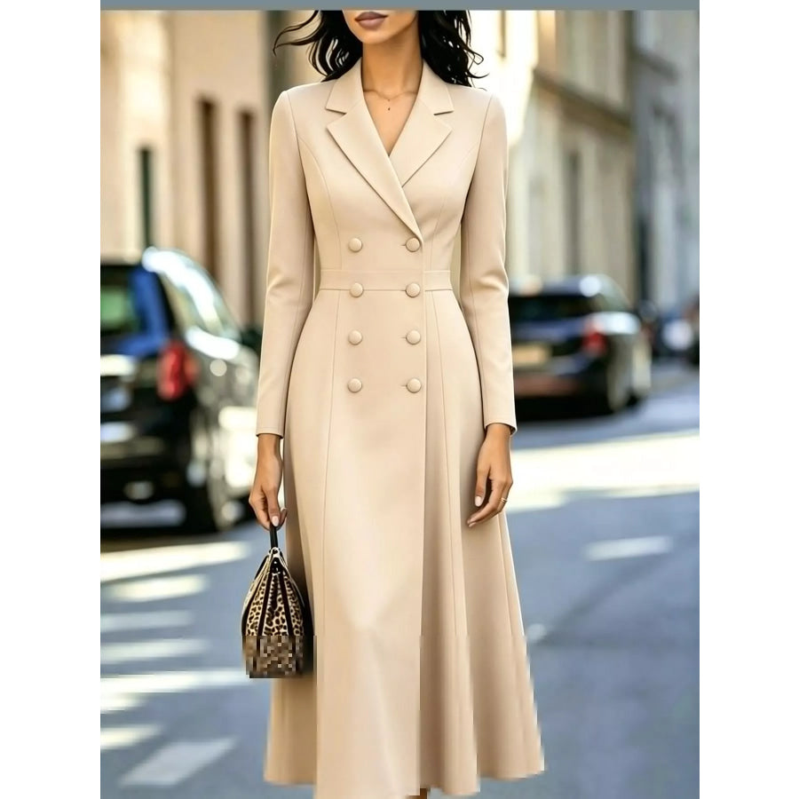 Double-Breasted Lapel Collar Midi Dress Khaki / S Apparel and Accessories