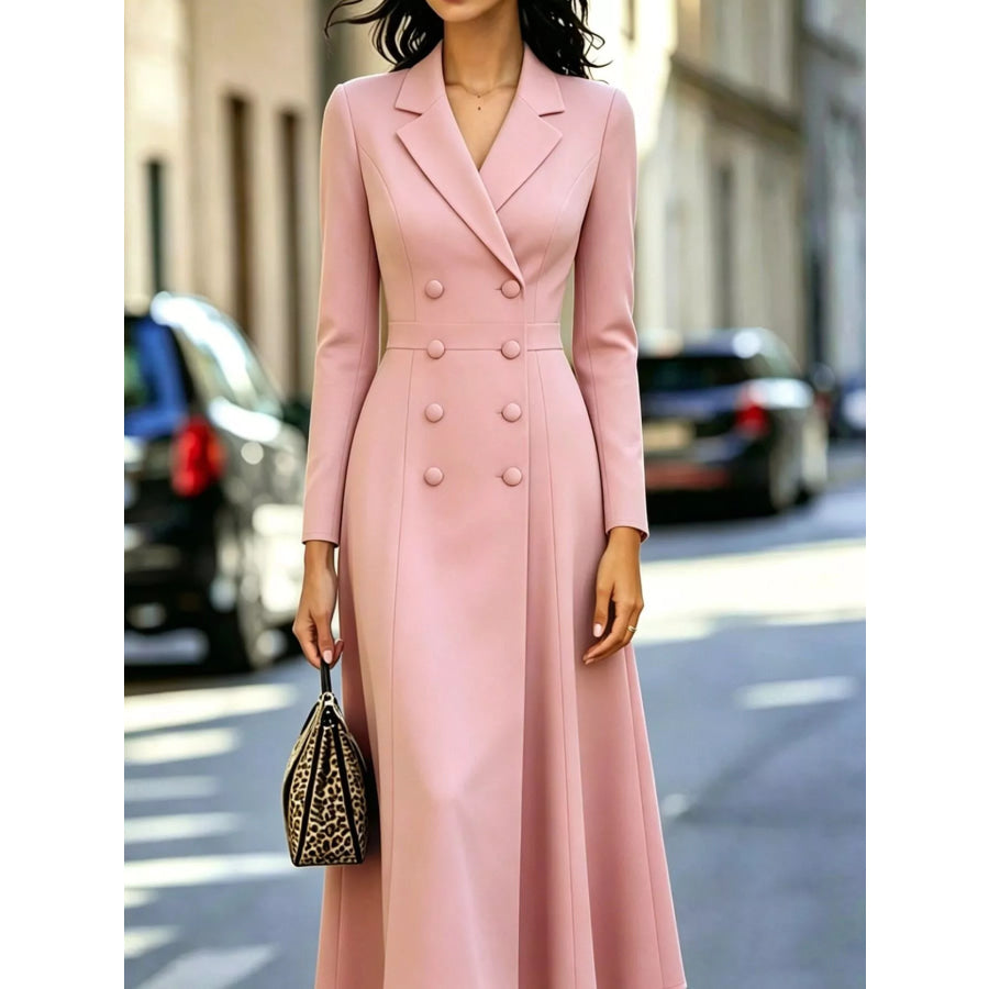 Double-Breasted Lapel Collar Midi Dress Pink / S Apparel and Accessories