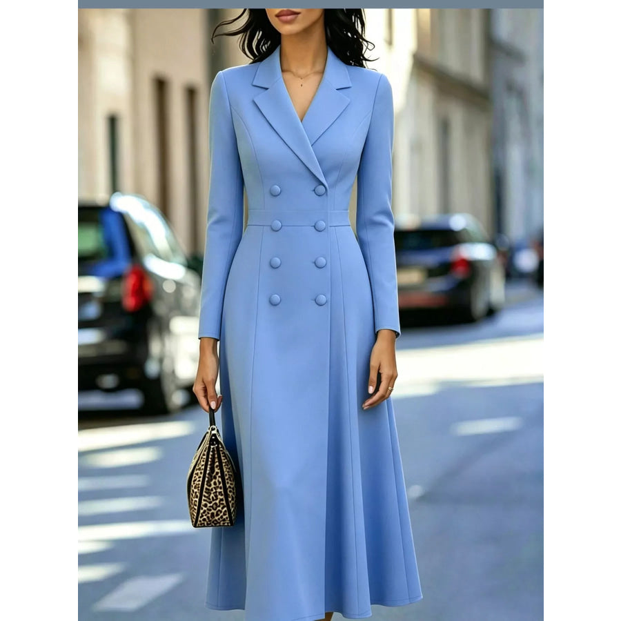 Double-Breasted Lapel Collar Midi Dress Sky Blue / S Apparel and Accessories