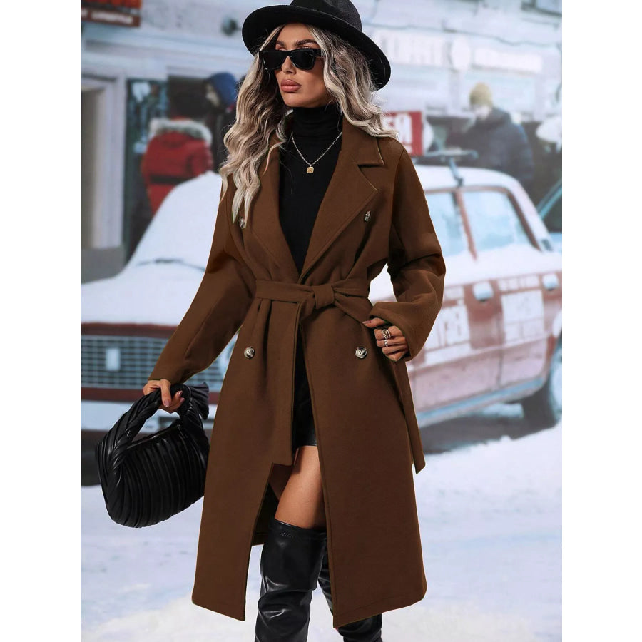Double-Breasted Lapel Collar Overcoat Dark Brown / S Apparel and Accessories