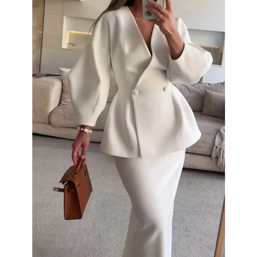 Double-Breasted Peplum Blazer and Skirt Set Apparel and Accessories