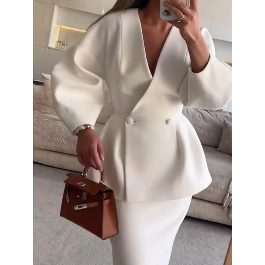 Double-Breasted Peplum Blazer and Skirt Set Apparel and Accessories