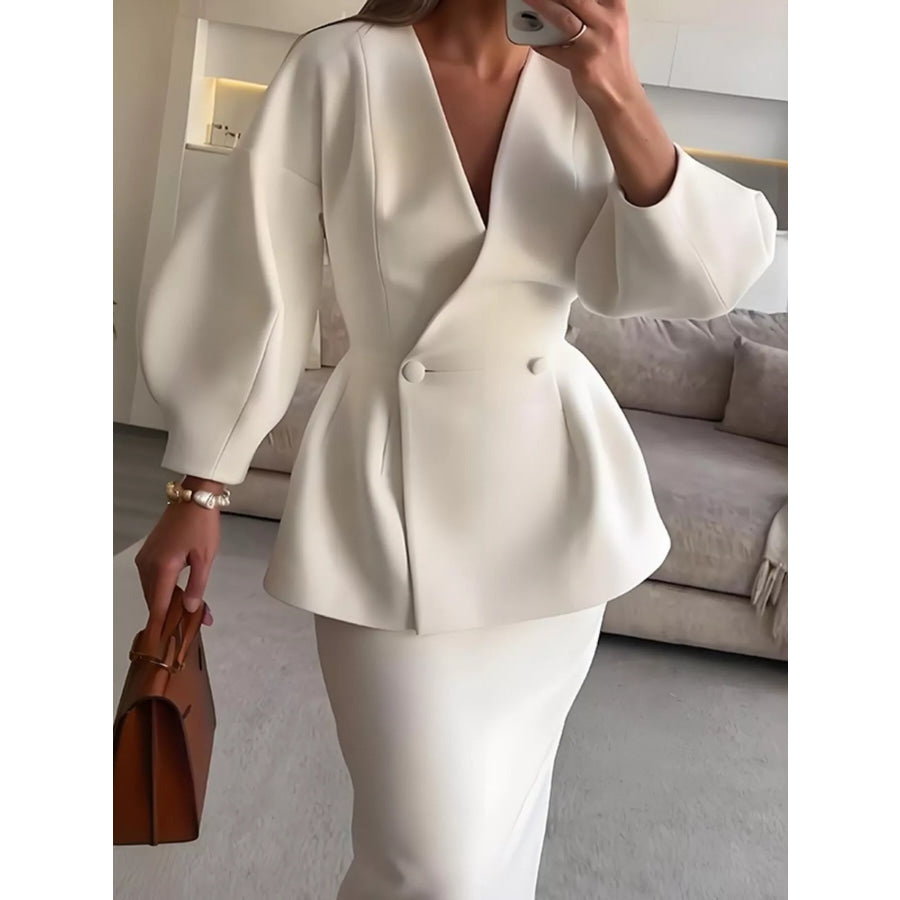 Double-Breasted Peplum Blazer and Skirt Set Apparel and Accessories
