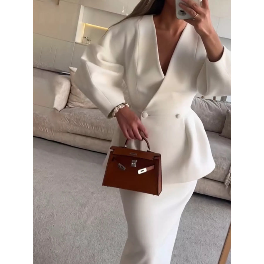 Double-Breasted Peplum Blazer and Skirt Set Milky White / XS Apparel and Accessories