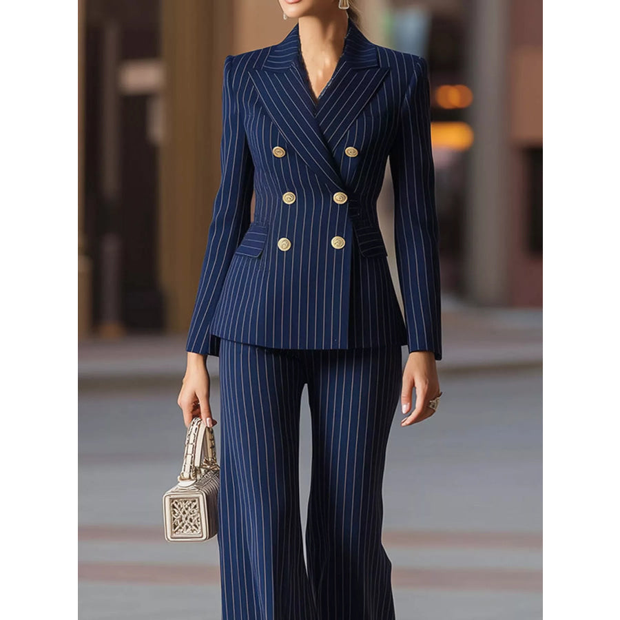Double-Breasted Pinstripe Blazer and Wide-Leg Pants Set Apparel Accessories
