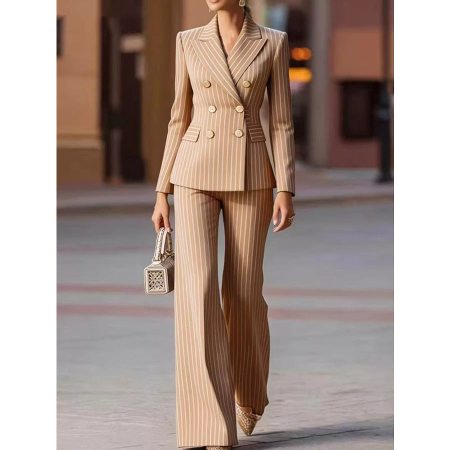 Double-Breasted Pinstripe Blazer and Wide-Leg Pants Set Apricot / S Apparel Accessories