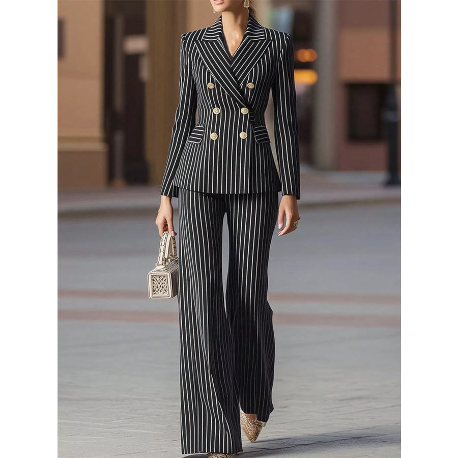 Double-Breasted Pinstripe Blazer and Wide-Leg Pants Set Black / S Apparel Accessories