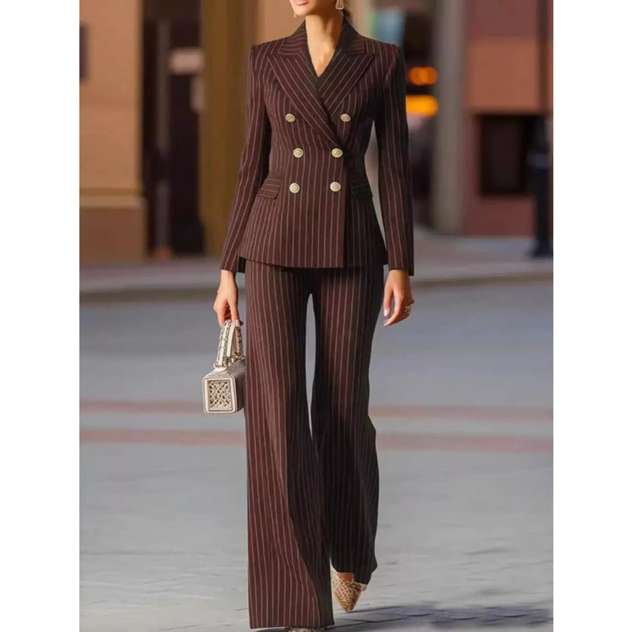 Double-Breasted Pinstripe Blazer and Wide-Leg Pants Set Coffee / S Apparel Accessories