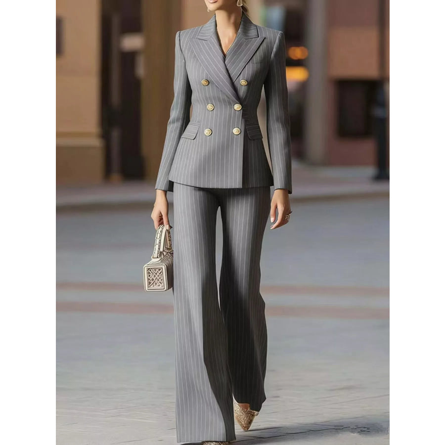 Double-Breasted Pinstripe Blazer and Wide-Leg Pants Set Gray / S Apparel Accessories