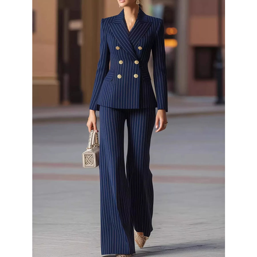 Double-Breasted Pinstripe Blazer and Wide-Leg Pants Set Navy / S Apparel Accessories