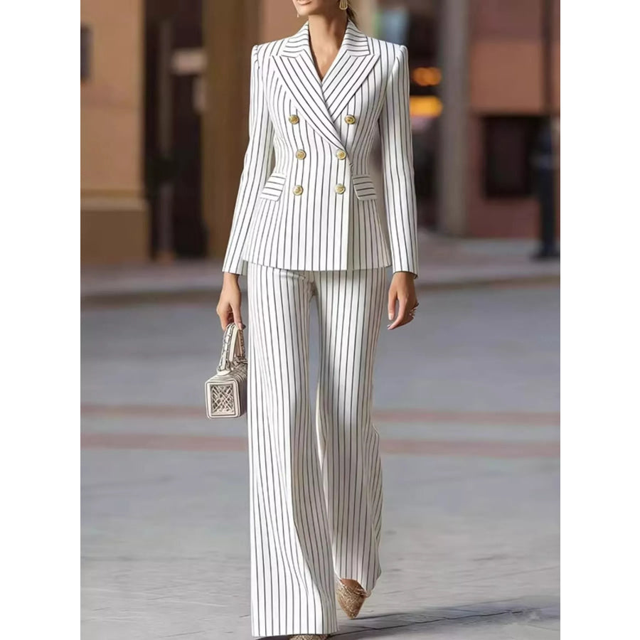 Double-Breasted Pinstripe Blazer and Wide-Leg Pants Set White / S Apparel Accessories