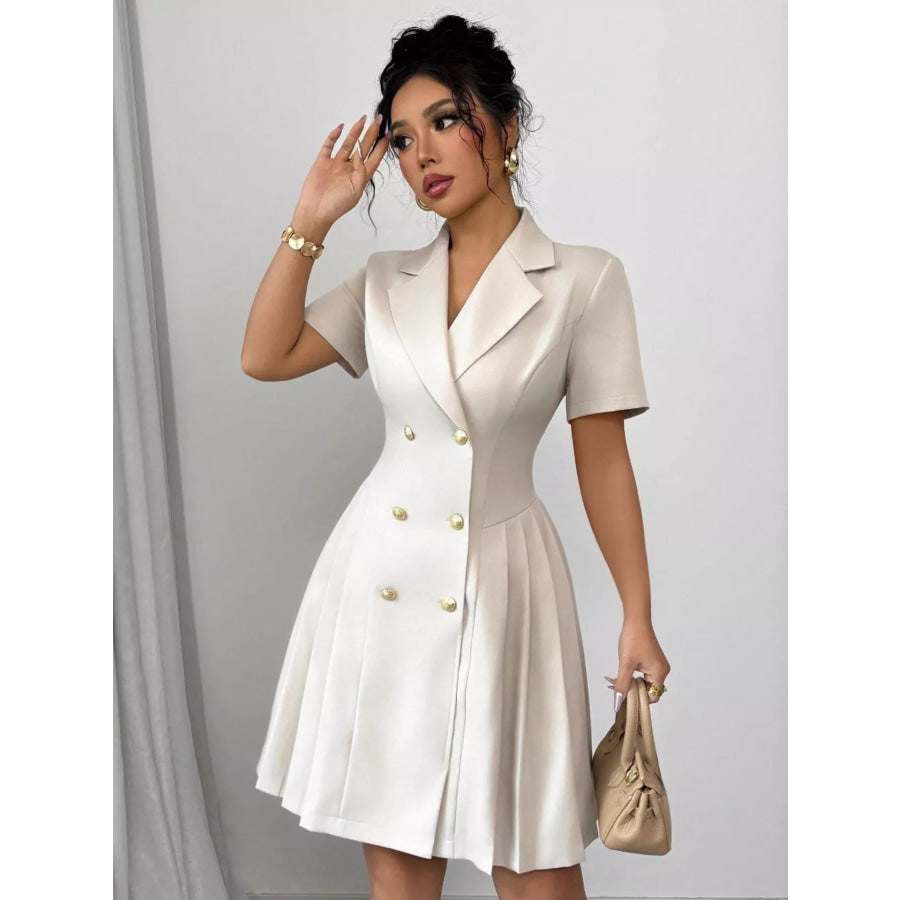 Double-Breasted Pleated Blazer Dress Beige / S Apparel and Accessories