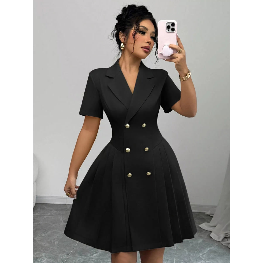 Double-Breasted Pleated Blazer Dress Black / S Apparel and Accessories