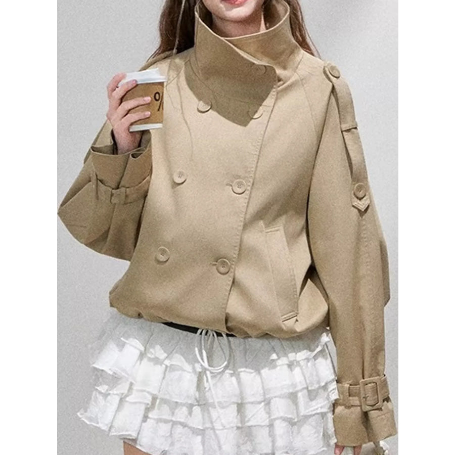 Double-Breasted Stand Collar Cropped Trench Jacket Apparel and Accessories