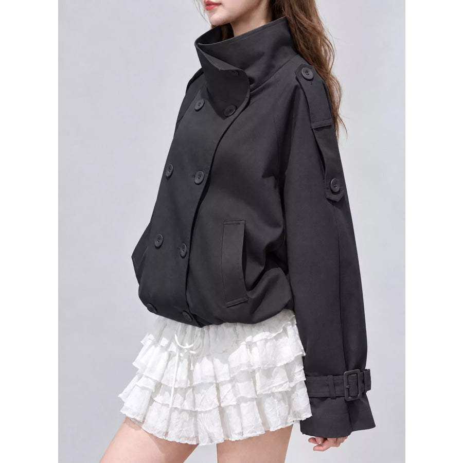 Double-Breasted Stand Collar Cropped Trench Jacket Apparel and Accessories