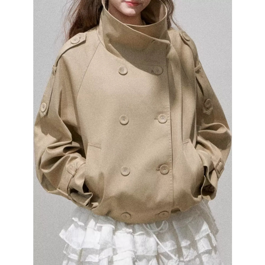 Double-Breasted Stand Collar Cropped Trench Jacket Apparel and Accessories