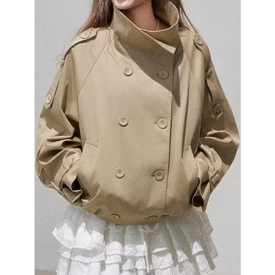 Double-Breasted Stand Collar Cropped Trench Jacket Apparel and Accessories