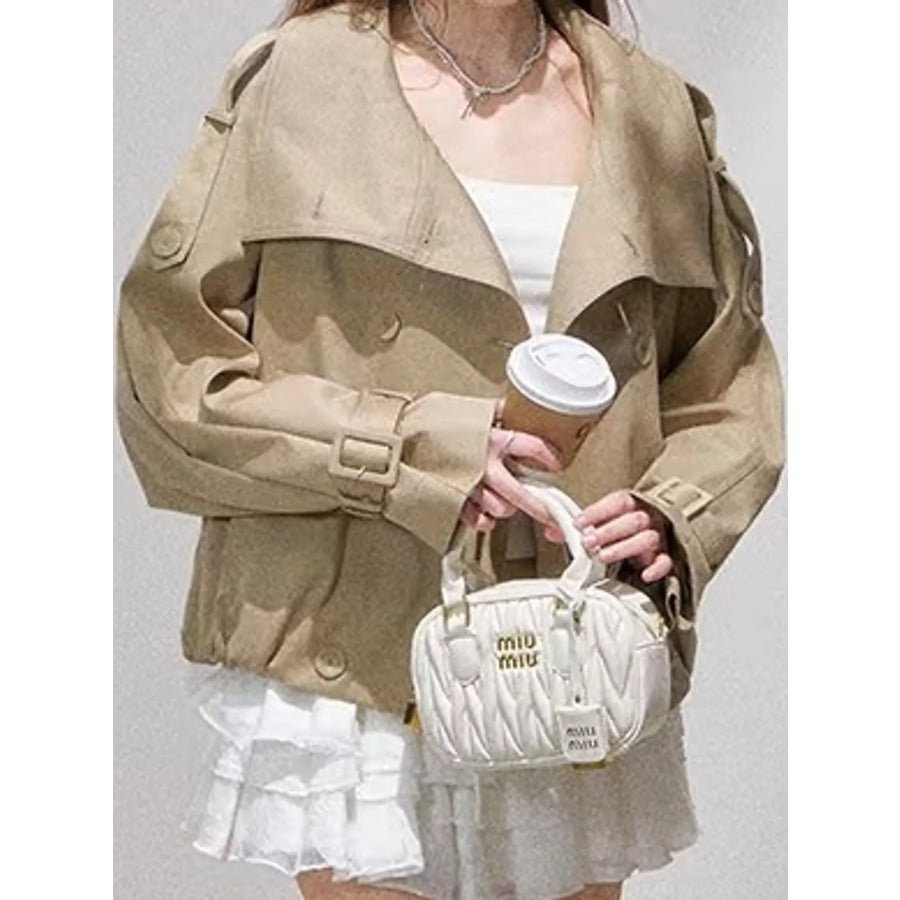 Double-Breasted Stand Collar Cropped Trench Jacket Khaki / S Apparel and Accessories