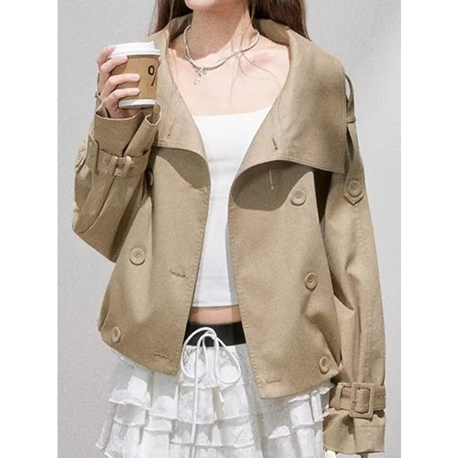 Double-Breasted Stand Collar Cropped Trench Jacket Apparel and Accessories