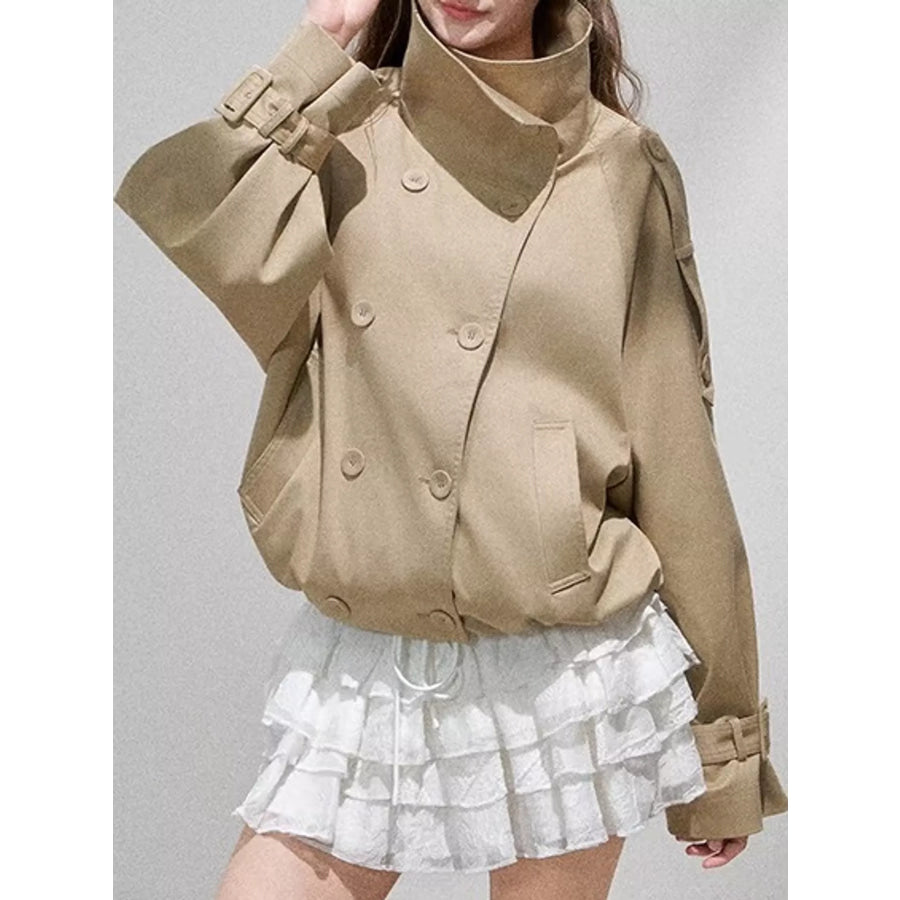 Double-Breasted Stand Collar Cropped Trench Jacket Khaki / S Apparel and Accessories