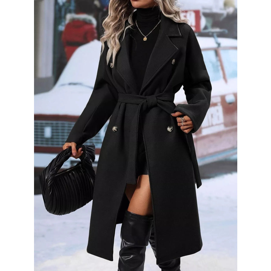 Double-Breasted Tie Waist Coat Black / S Apparel and Accessories