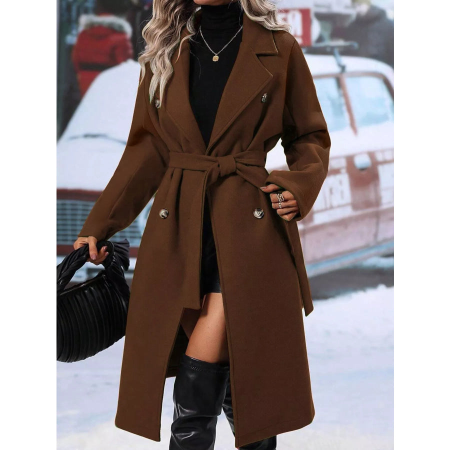 Double-Breasted Tie Waist Coat Brown / S Apparel and Accessories