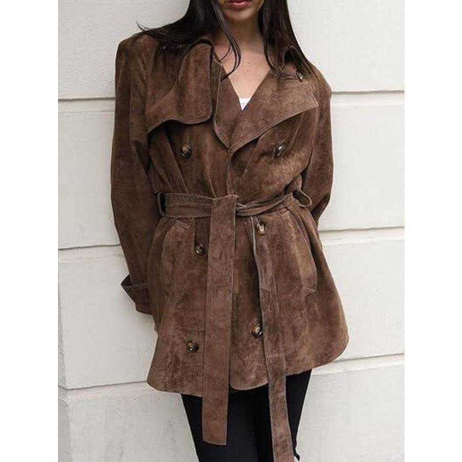 Double Breasted Tie Waist Coat Dark Brown / S Apparel and Accessories