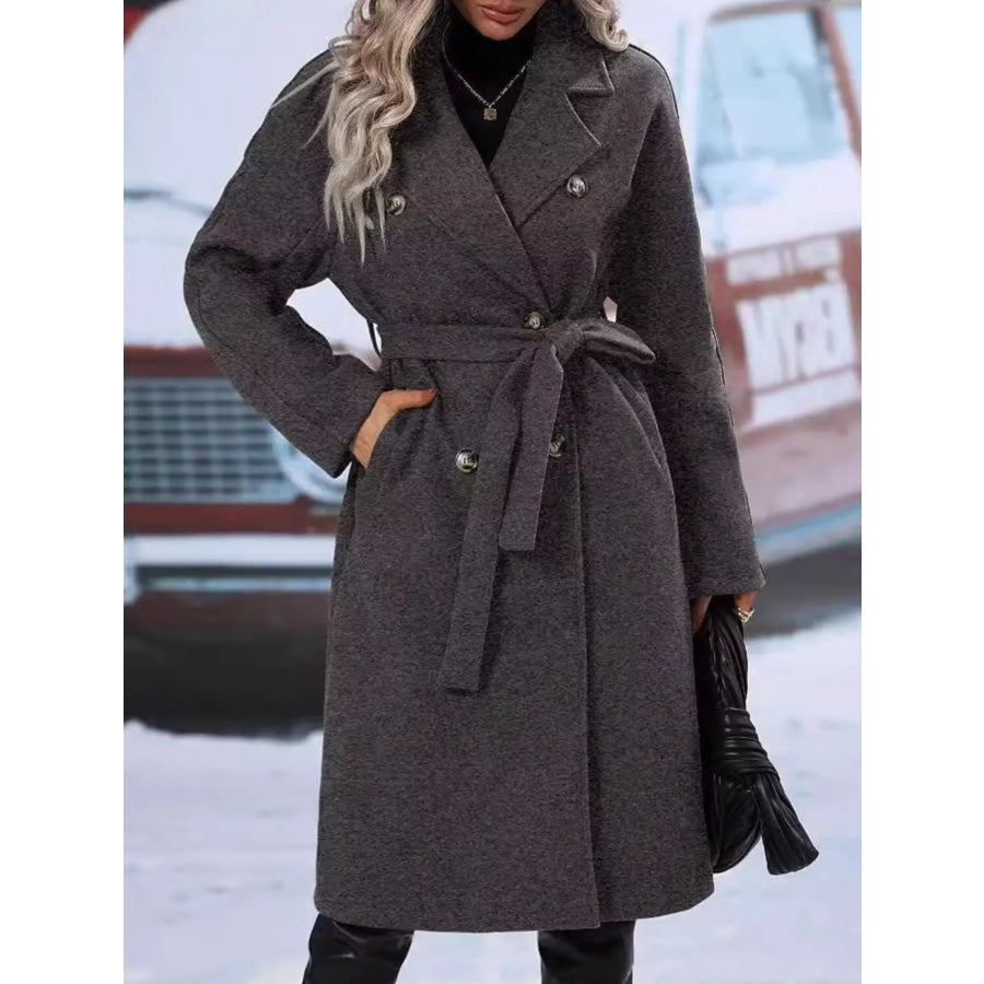 Double-Breasted Tie Waist Coat Dark Gray / S Apparel and Accessories