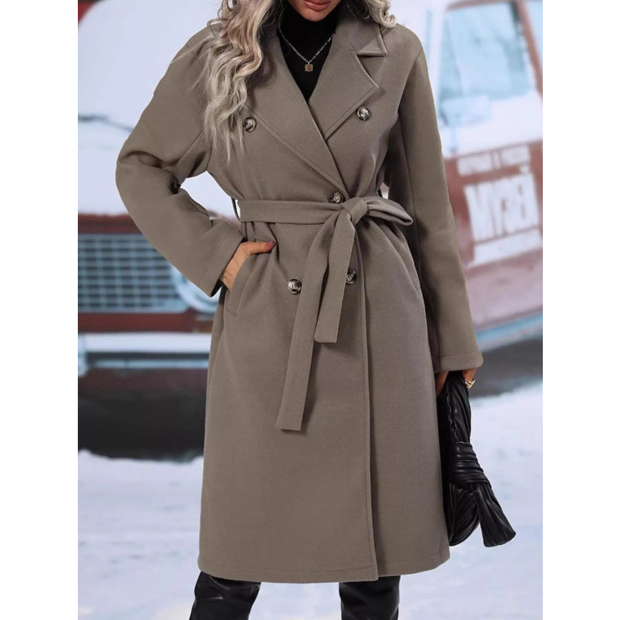 Double-Breasted Tie Waist Coat Gray / S Apparel and Accessories