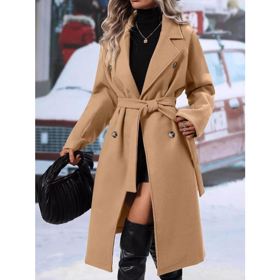 Double-Breasted Tie Waist Coat Tan / S Apparel and Accessories