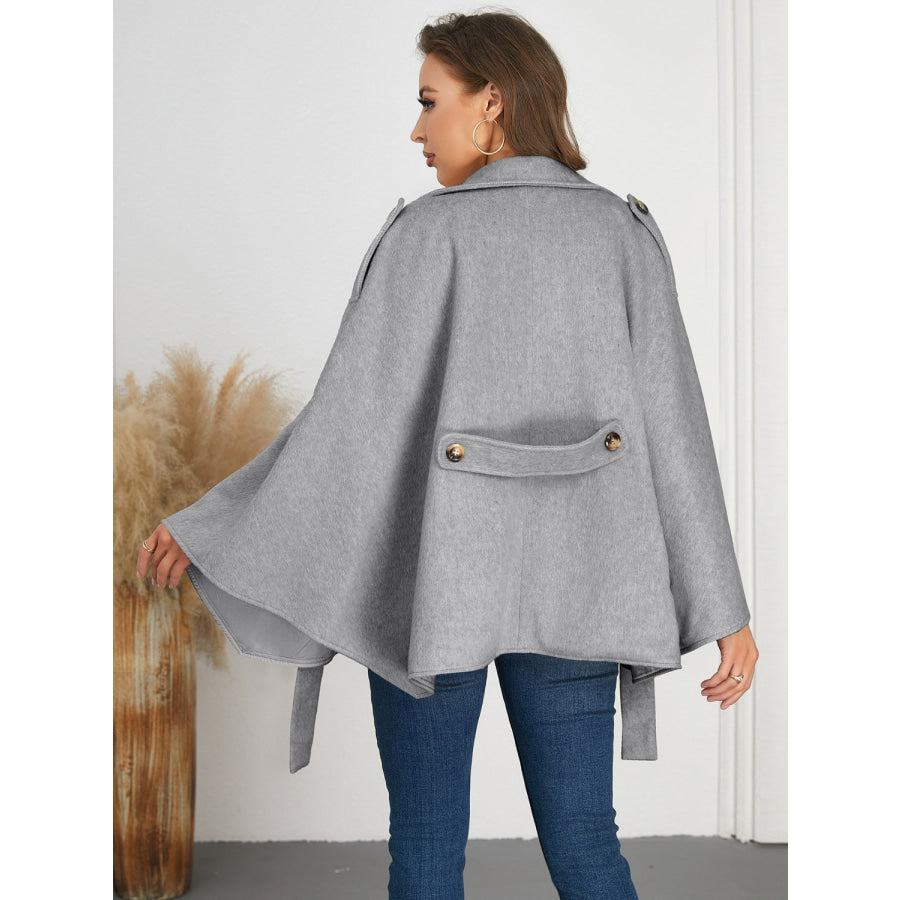 Double-Breasted Tie Waist Poncho Gray / S Apparel and Accessories