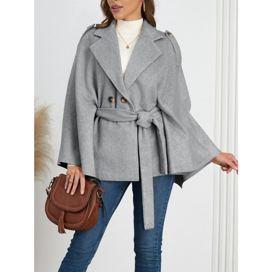 Double-Breasted Tie Waist Poncho Gray / S Apparel and Accessories